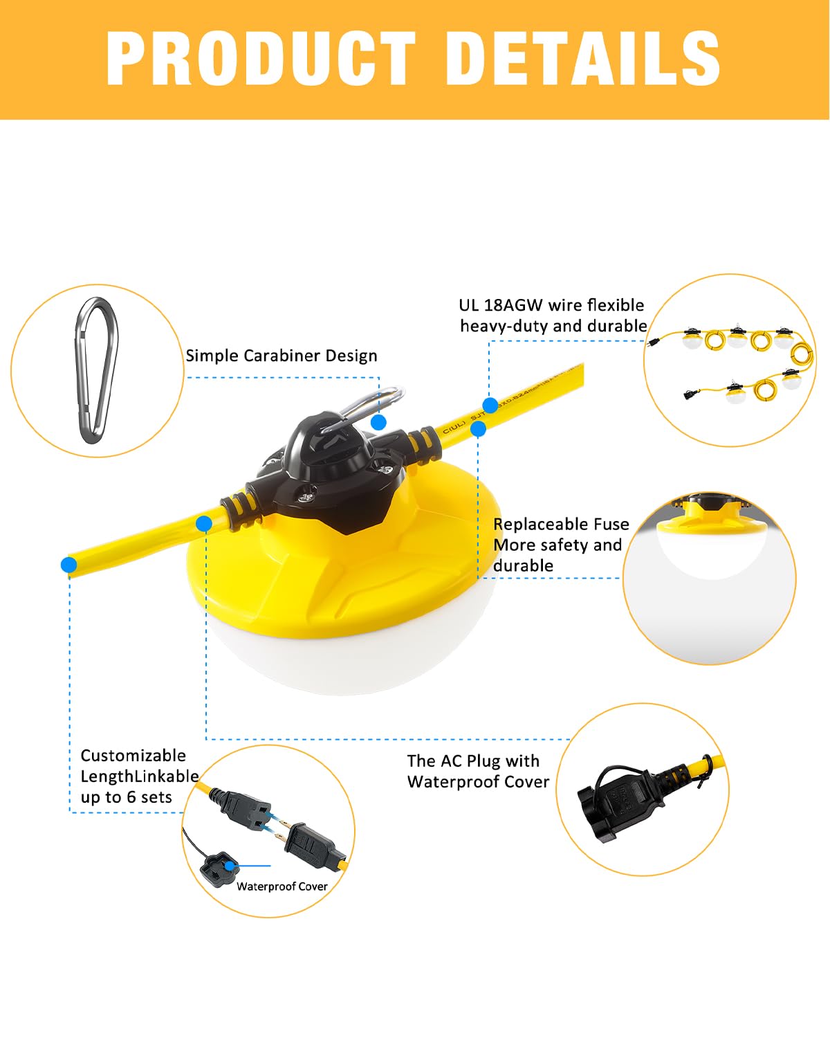 Jc-Lgl 50Ft Construction String Light 65W 8000Lm, 5000K Industrial Grade Led String Work Lights, Ip65 Waterproof Temporary Light