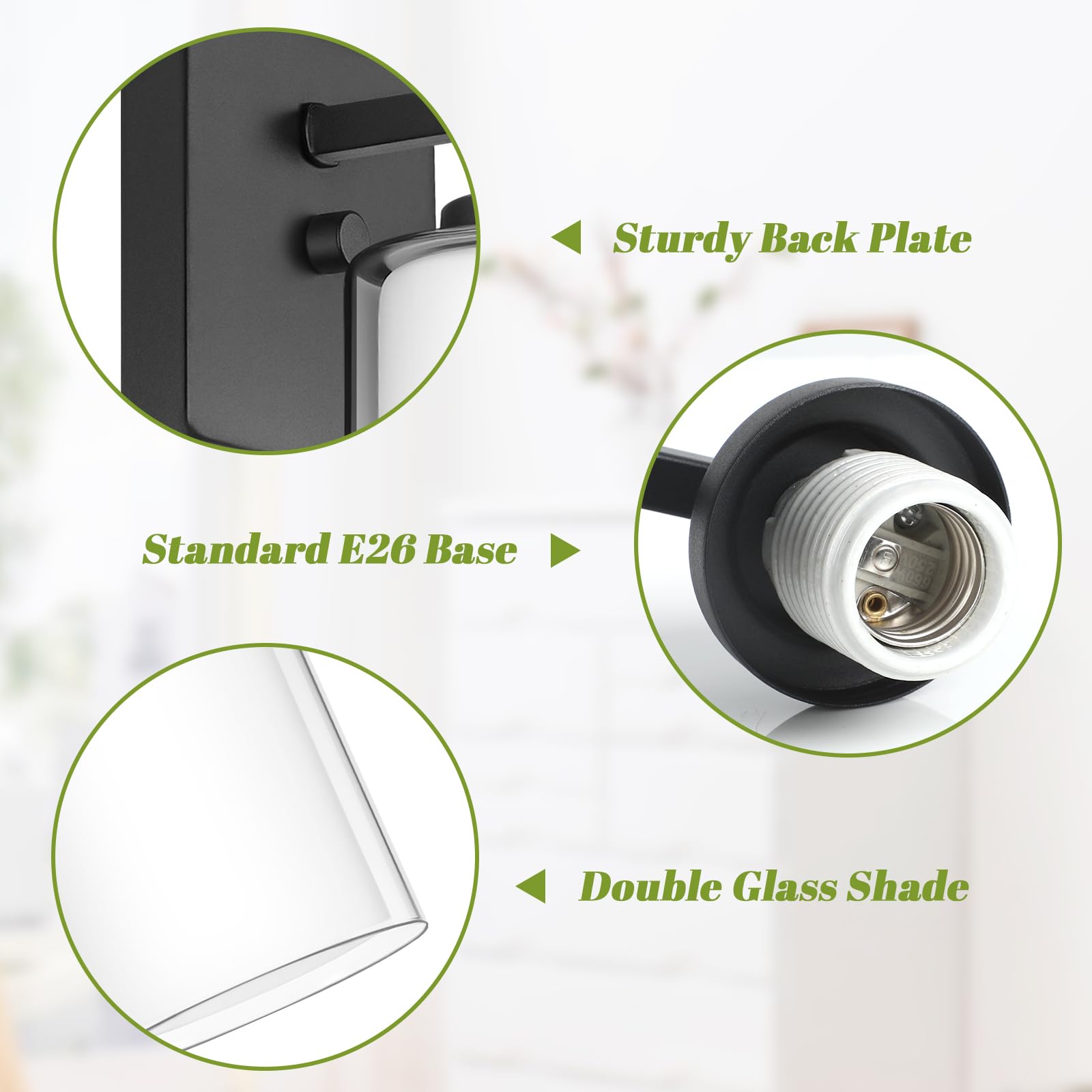 VerRon Set of 2 Wall Sconces, Modern Matte Black Lighting Lanterns, 2-Light, Glass Shade for Bathroom, Bedroom, Hallway