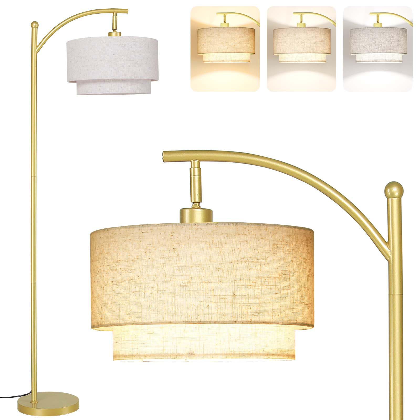 SUNMORY Arc Floor Lamp with 12W LED Bulb, Adjustable Double Fabric Shades, Gold, Model SR000149A, Linen Lampshade