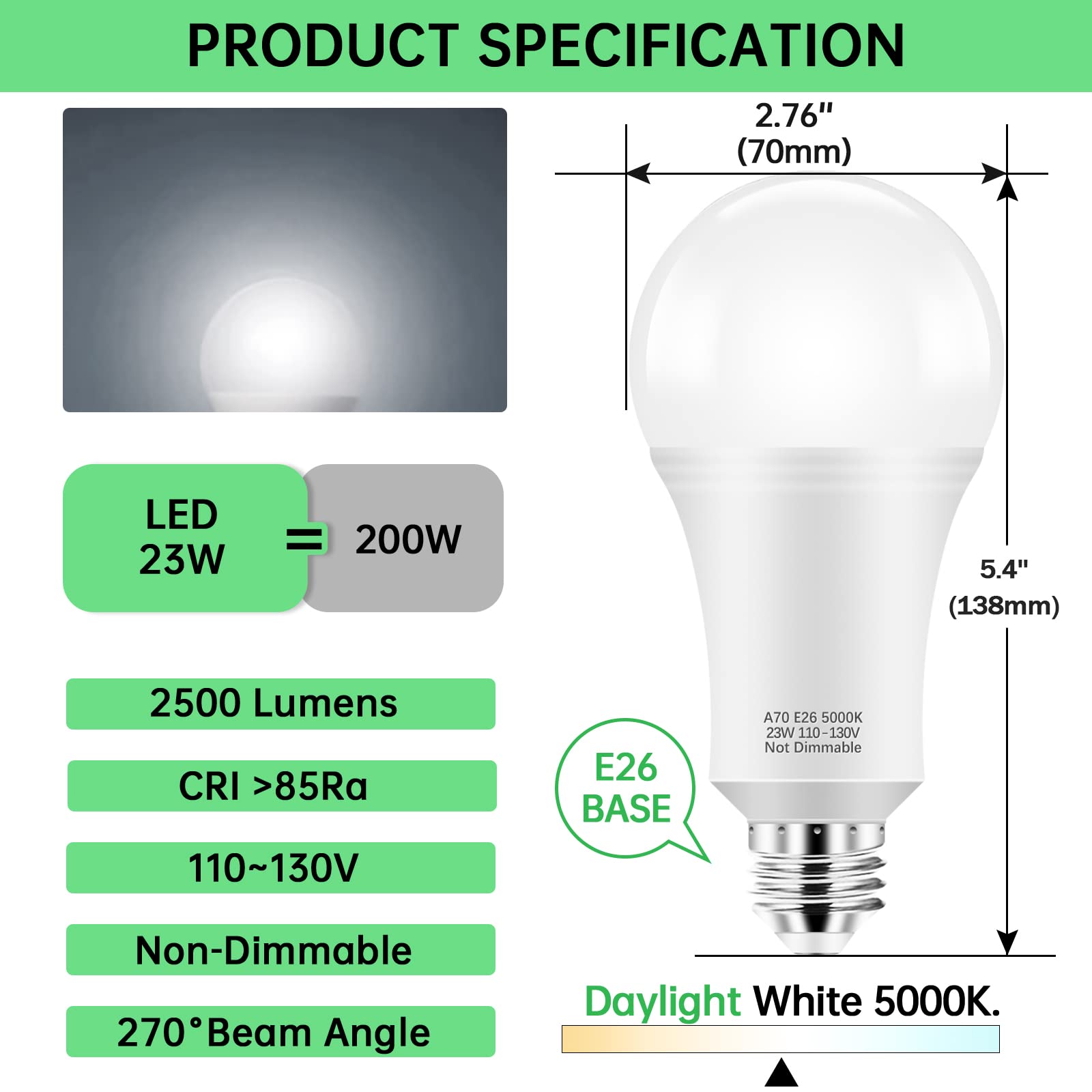Kindeep 150-200W Equivalent 23W E26 Led Bulb, A21 Led Super Bright Light Bulb, 2500 Lumens, Daylight White 5000K For Your Home,