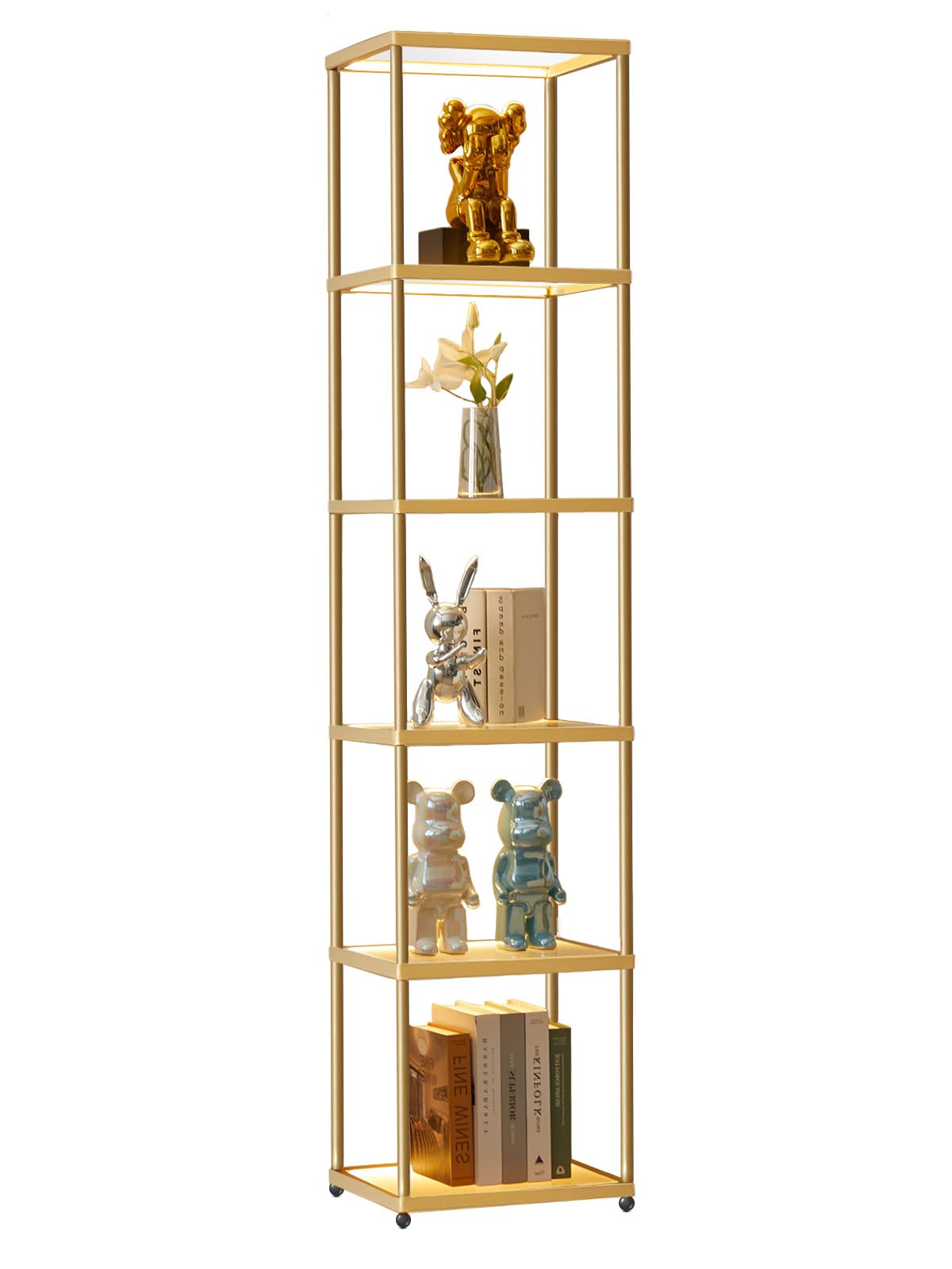 Manbur Display Shelf With Dimmable Led Floor Lamp, Display Cabinet With Glass Bookcase, Home Decor, Bedroom Decor, Bookshelf Wit