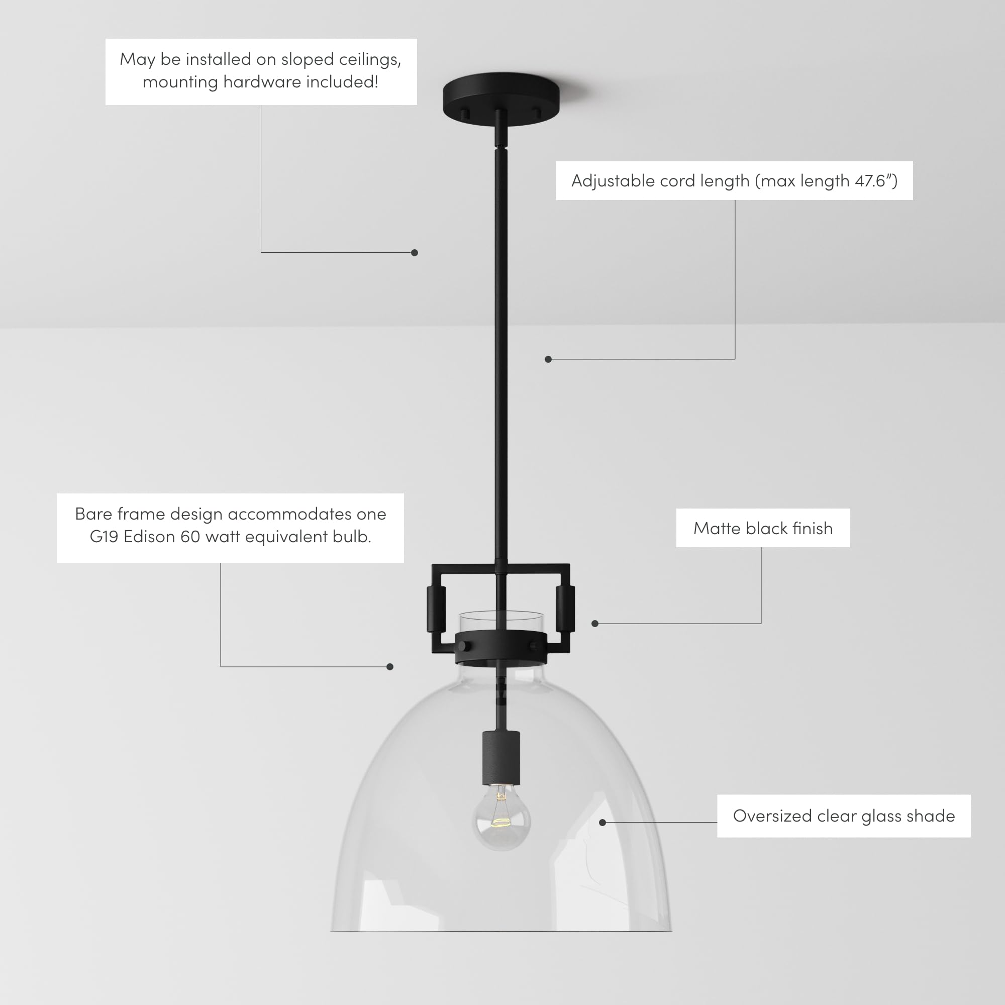 Nathan James Leigh Pendant Lighting, Black Hanging Ceiling Light With Oversized Glass Shade And Adjustable Cord, For Kitchen Isl