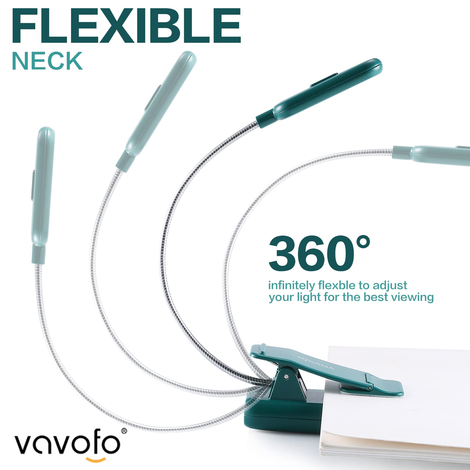 VAVOFO Rechargeable Book Light, 7 LED, 9-Level Warm Cool White, Eye Care Lamp, Model KM-6720, Green