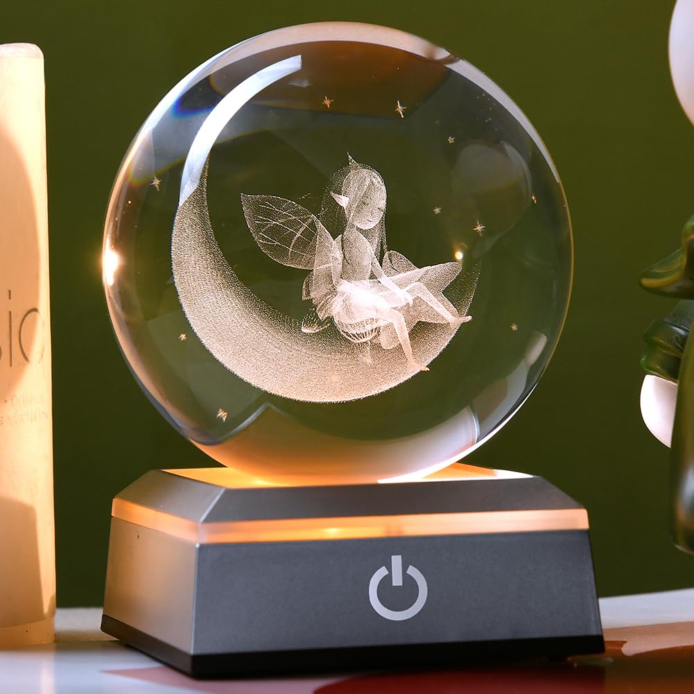 ZRENJHUS 3D Moon & Fairy Crystal Ball with Colorful Light Base 80mm Laser Fairy Glass Decorative Ball Fairy Snow Ball Gifts Expr