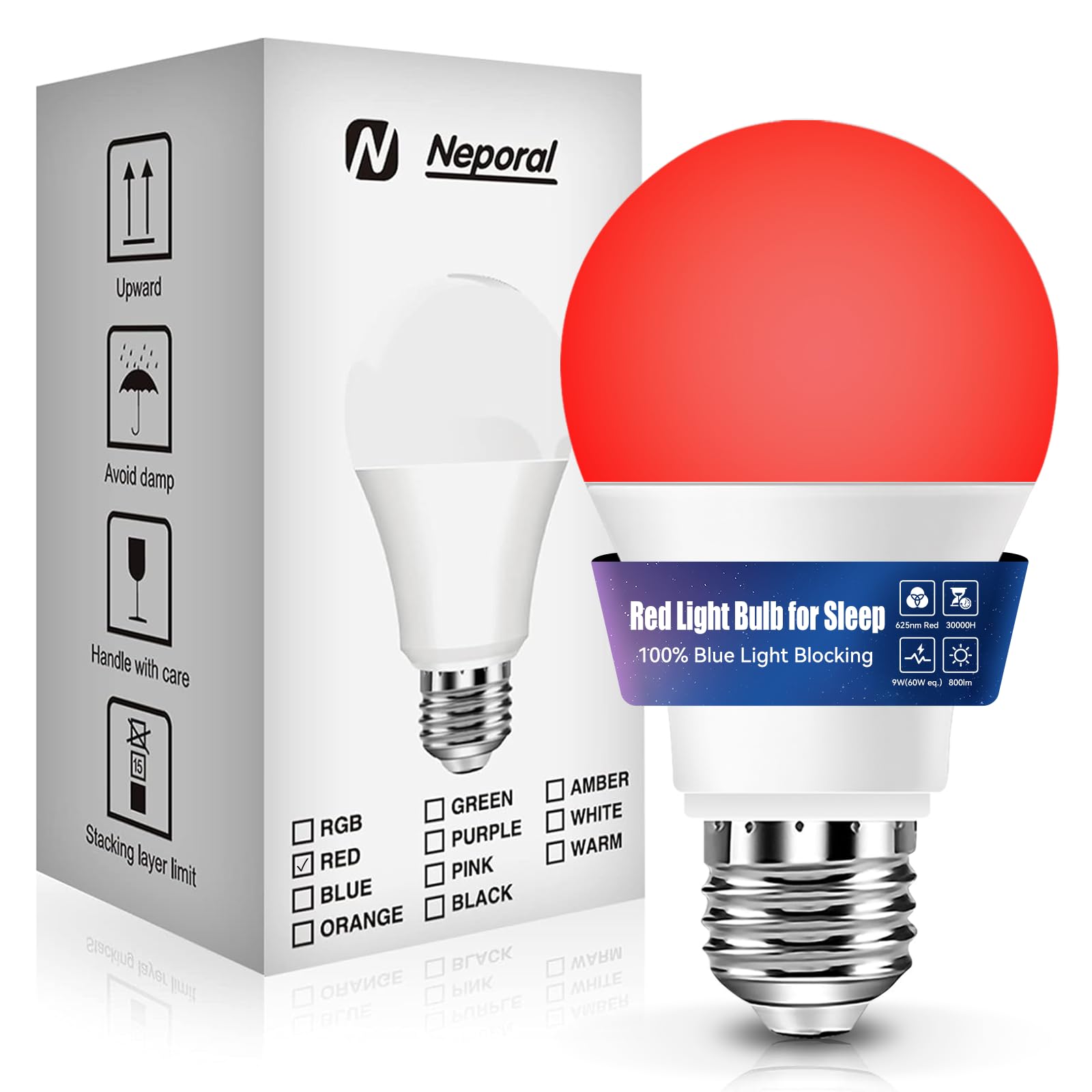 Neporal 625Nm Red Light Bulb For Sleep, 100% Blue Light Blocking Light Bulb For Melatonin Promoting, A19 Led 9W 60W Equivalent D