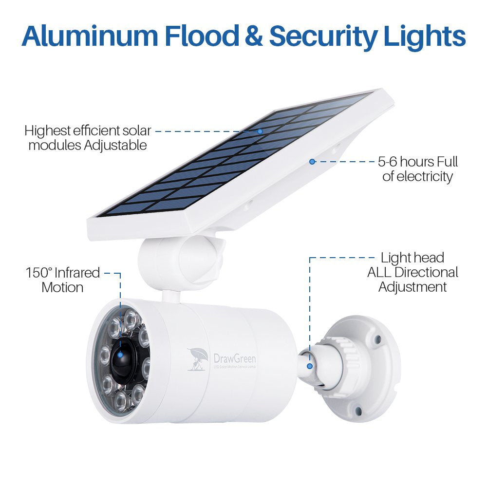 DrawGreen Outdoor Solar Powered Motion Flood Light, Waterproof Aluminum, White, Model DG08-S2-W, Ideal for Pathways and Patios