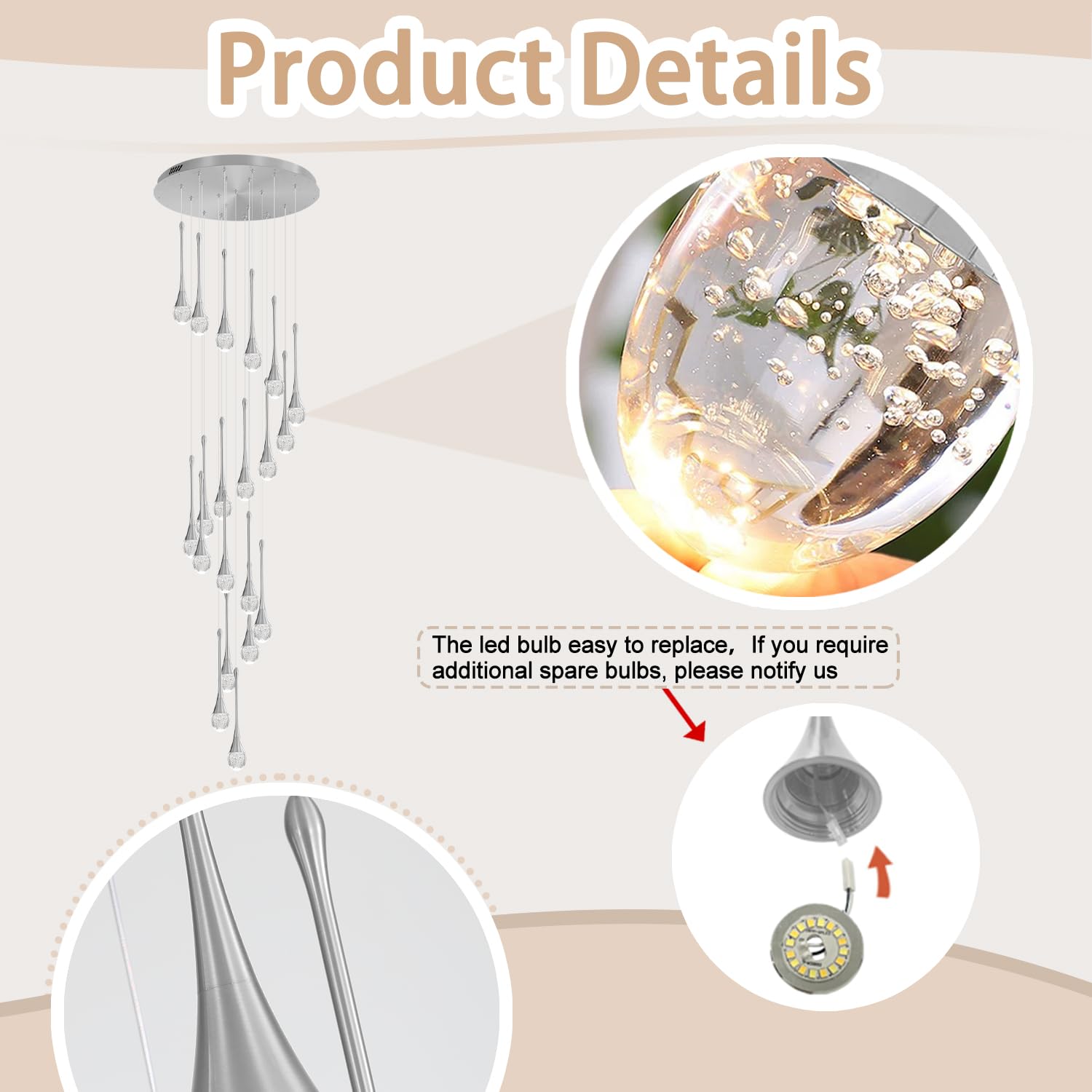 ykolupty Raindrop Crystal Chandelier, 138'' High Ceiling Pendant Light, 20-Lights, LED 2700-6000K, Silver Finish