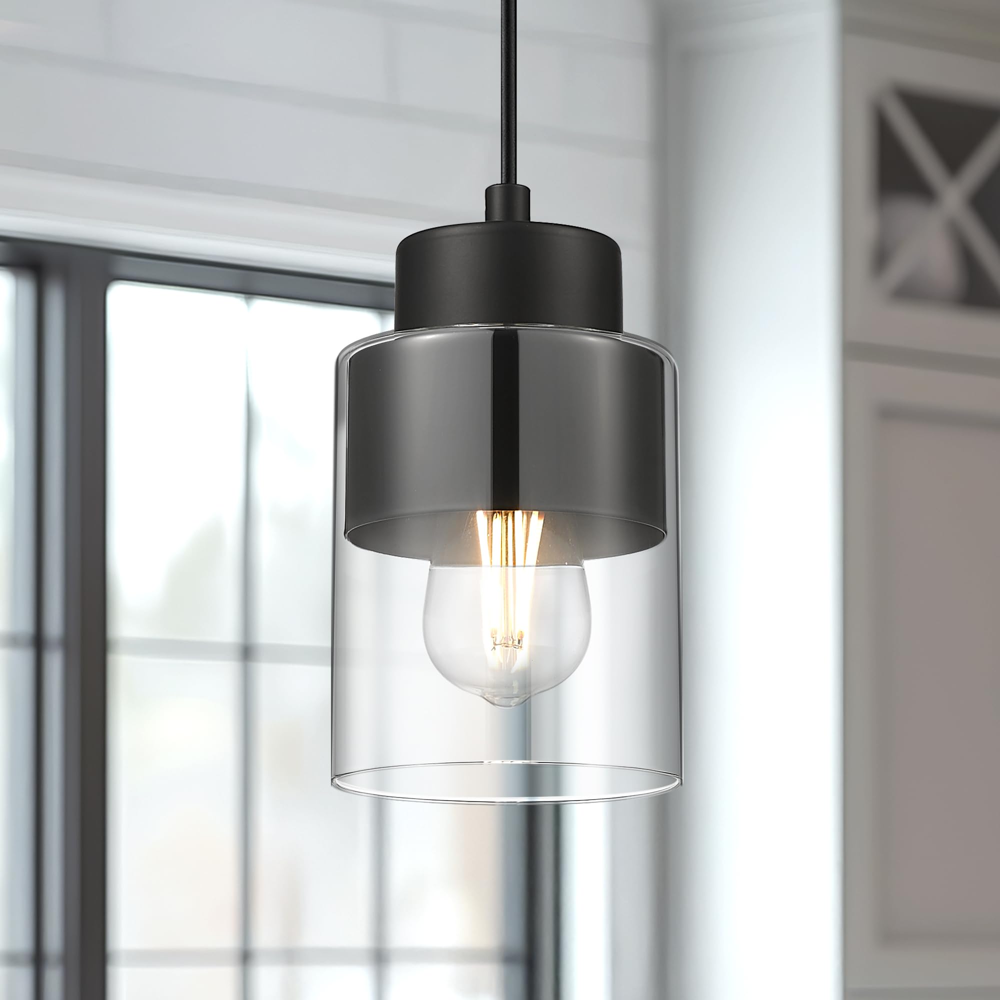 Audickic 2-Pack Pendant Lights, Modern Matte Black Metal & Glass Fixtures, Model AD-24022-1P2-BK for Kitchen Island & Dining Room