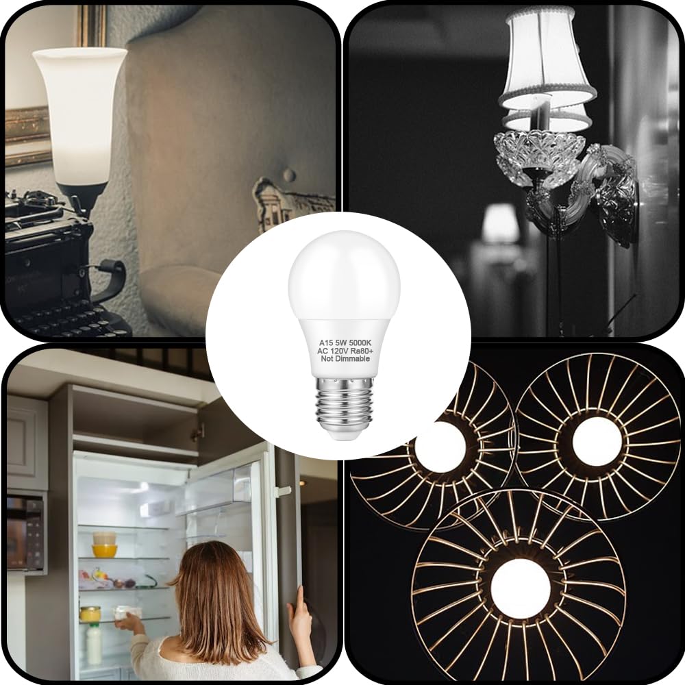 Neteha 12 Pack A15 5W 120V E26 Base Led Refrigerator Light Bulb, Non-Dimmable 50W Equivalent 5000K Daylight White Led Appliance