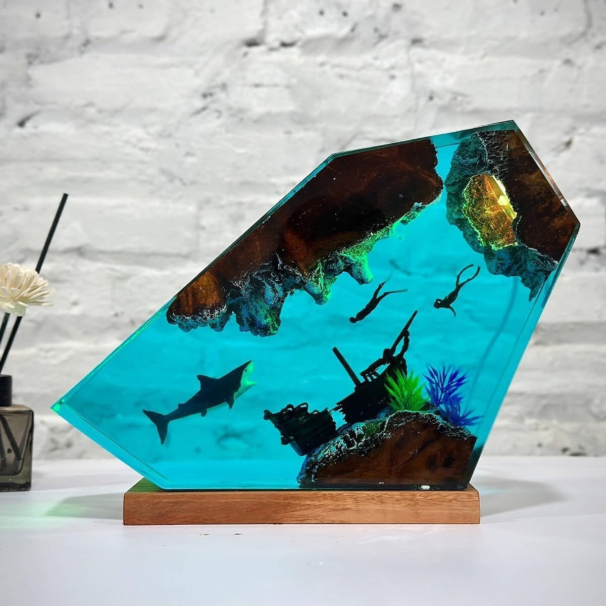 Shark Ocean Resin Lamp  Handmade Wooden Table Resin Night Light  Usb Port Art Ornaments For Home Office Decor  Scuba Diver Gifts For Birthday Holiday  ValentineS Day Gifts For Husband