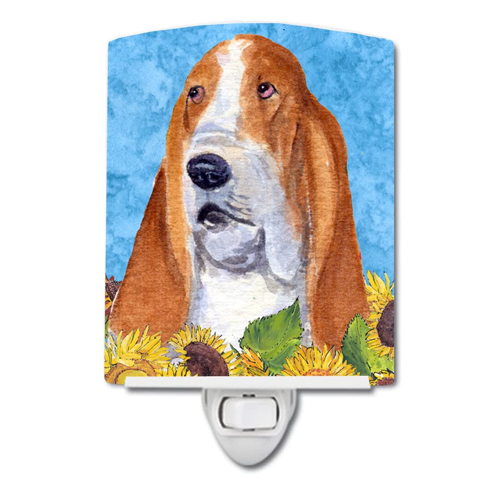 Caroline'S Treasures Ss4162Cnl Basset Hound In Summer Flowers Ceramic Night Light Compact, Ul-Certified, Ideal For Bedroom, Bathroom, Nursery, Hallway, Kitchen, 6X4X3, Multicolor