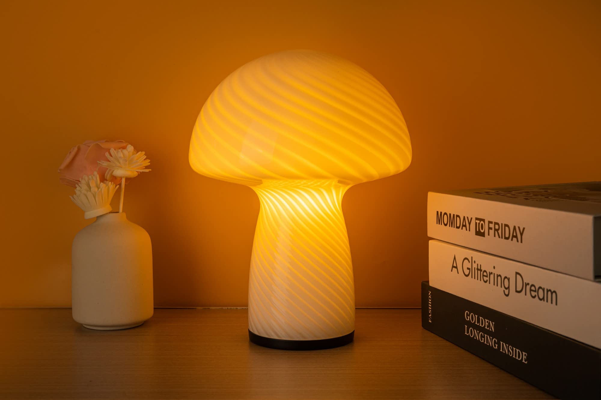 Notoc Dimmable Glass Mushroom Lamp - Vintage Stripe White Nightstand Light For Home Decor