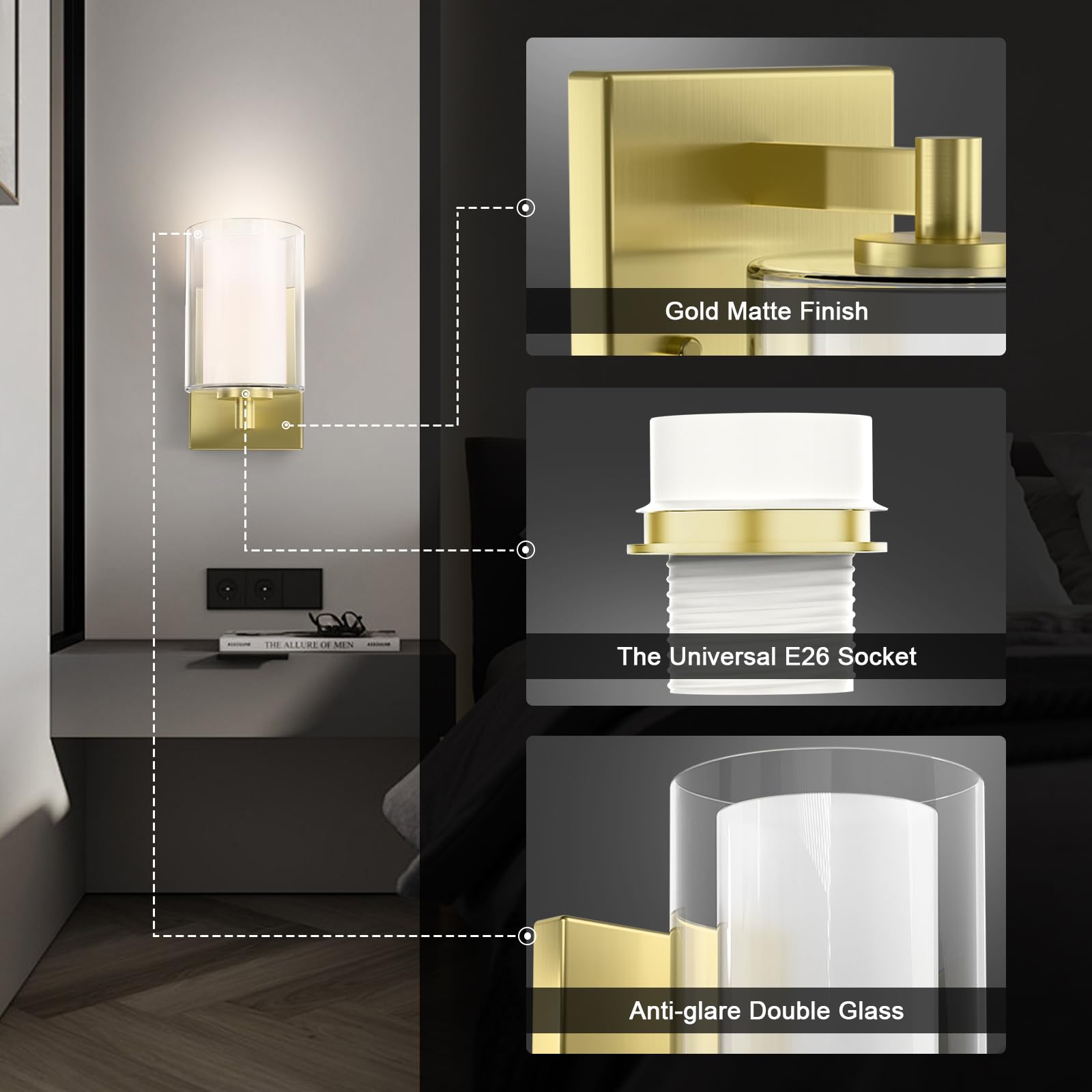 Bathroom Wall Sconces Set Of 2 Gold Double Clear Glass Shade Modern Vanity Lights Indoor Farmhouse Wall Light For Bedroom Living Room Hallway Bulb E26 Base (Bulbs Not Included)