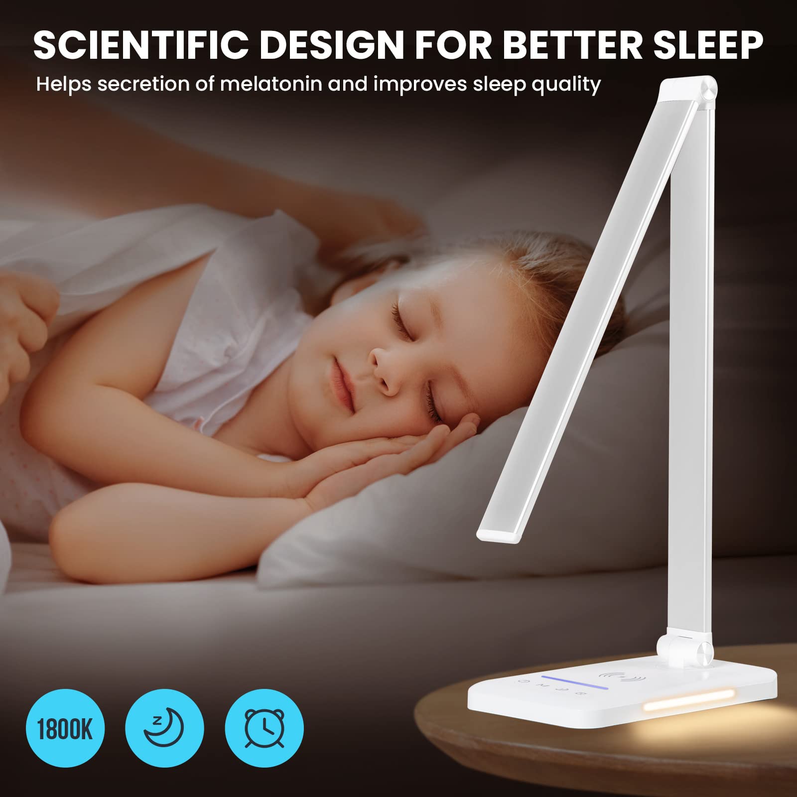 JOSTIC LED Desk Lamp with Wireless Charger, Touch Control, 10 Brightness, 5 Color Modes, Aluminum, White - Model EK009A