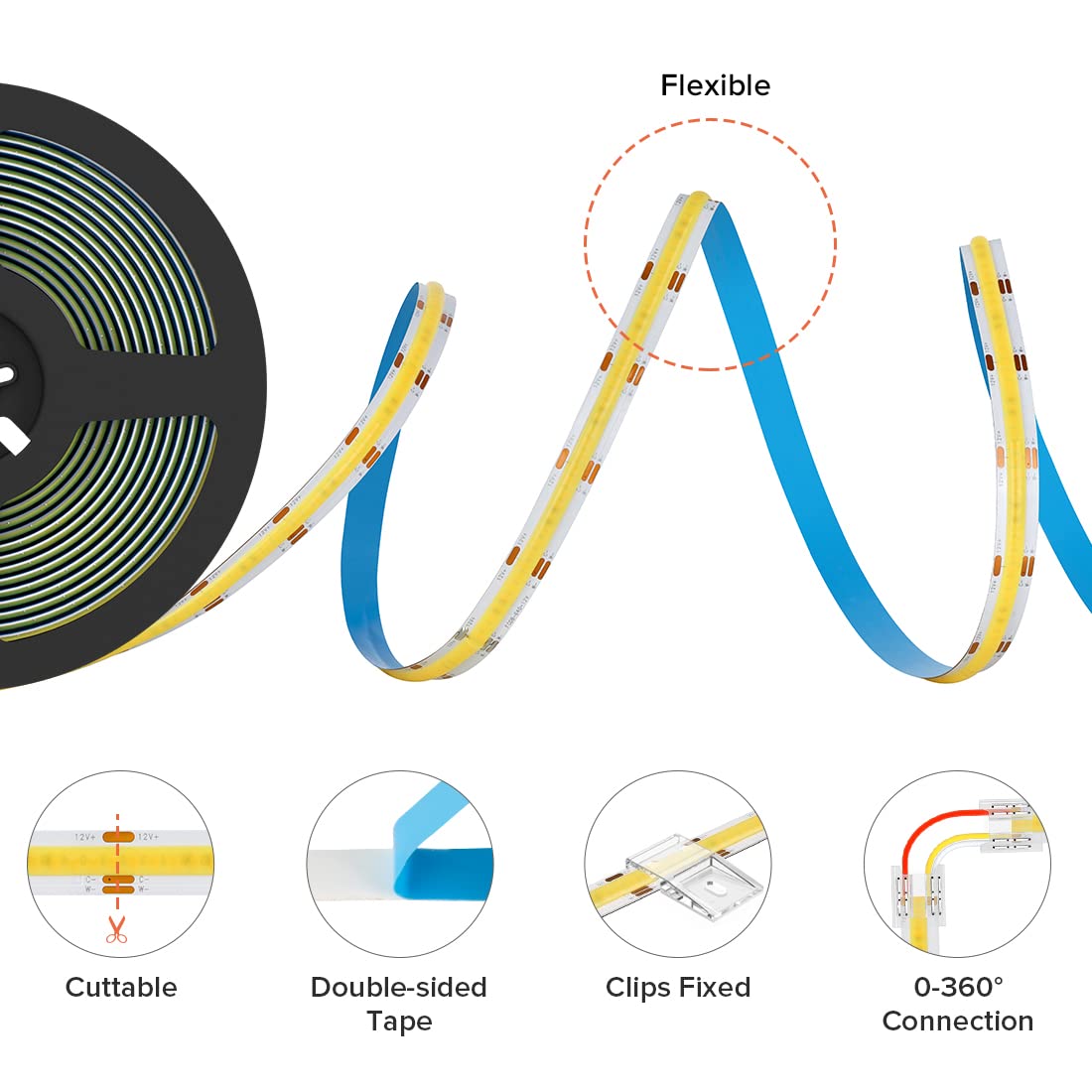 BTF-LIGHTING COB LED Strip Light 32.8FT 640LED/m Dimmable Tunable 3000K-6000K Flexible DC12V IP30