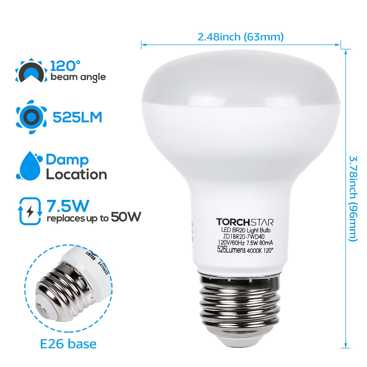 TORCHSTAR BR20 LED Bulbs 8-Pack, Dimmable 7.5W (50W Eqv), Cool White 4000K, E26 Medium Base, Model 647