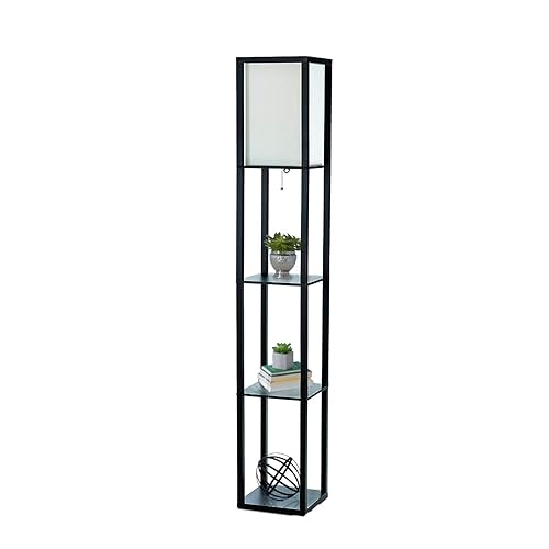 Simple Designs Lf1014-Blk 62.5" Modern Etagere Organizer Storage 3 Shelf Floor Lamp With White Linen Fabric Shade For Home Décor, Office, Study, Bedroom, Living Room, Dining Room, Black