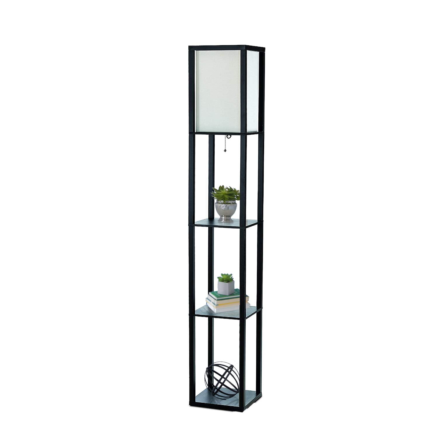 Simple Designs Lf1014-Blk 62.5&quot; Modern Etagere Organizer Storage 3 Shelf Floor Lamp With White Linen Fabric Shade For Home Décor, Office, Study, Bedroom, Living Room, Dining Room, Black