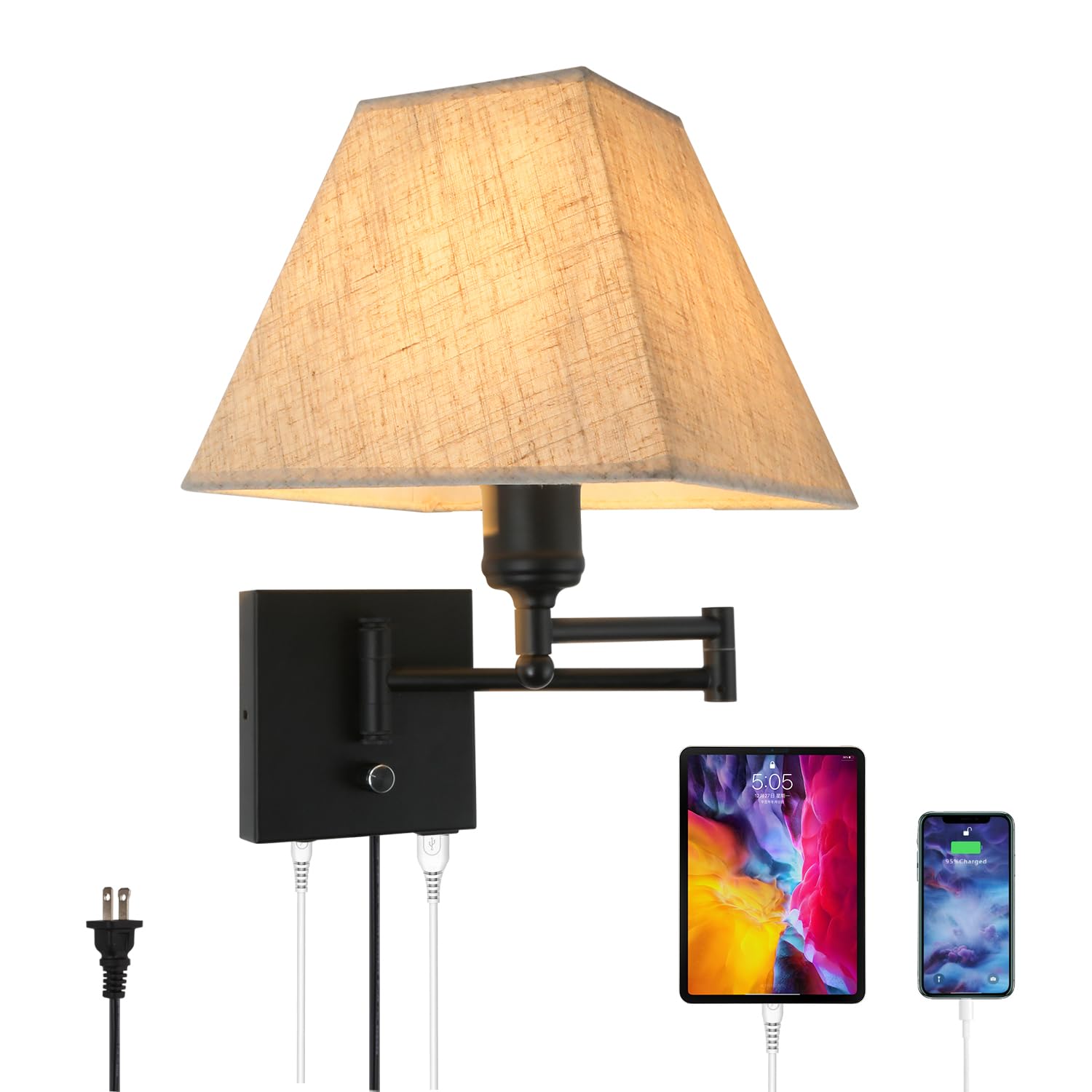 13'' Modern Swing Arm Wall Lamp Plug In Wall Sconce With Usb And Type-C Port Wall Mounted Lamp With Dimmable Switch Black Wall S