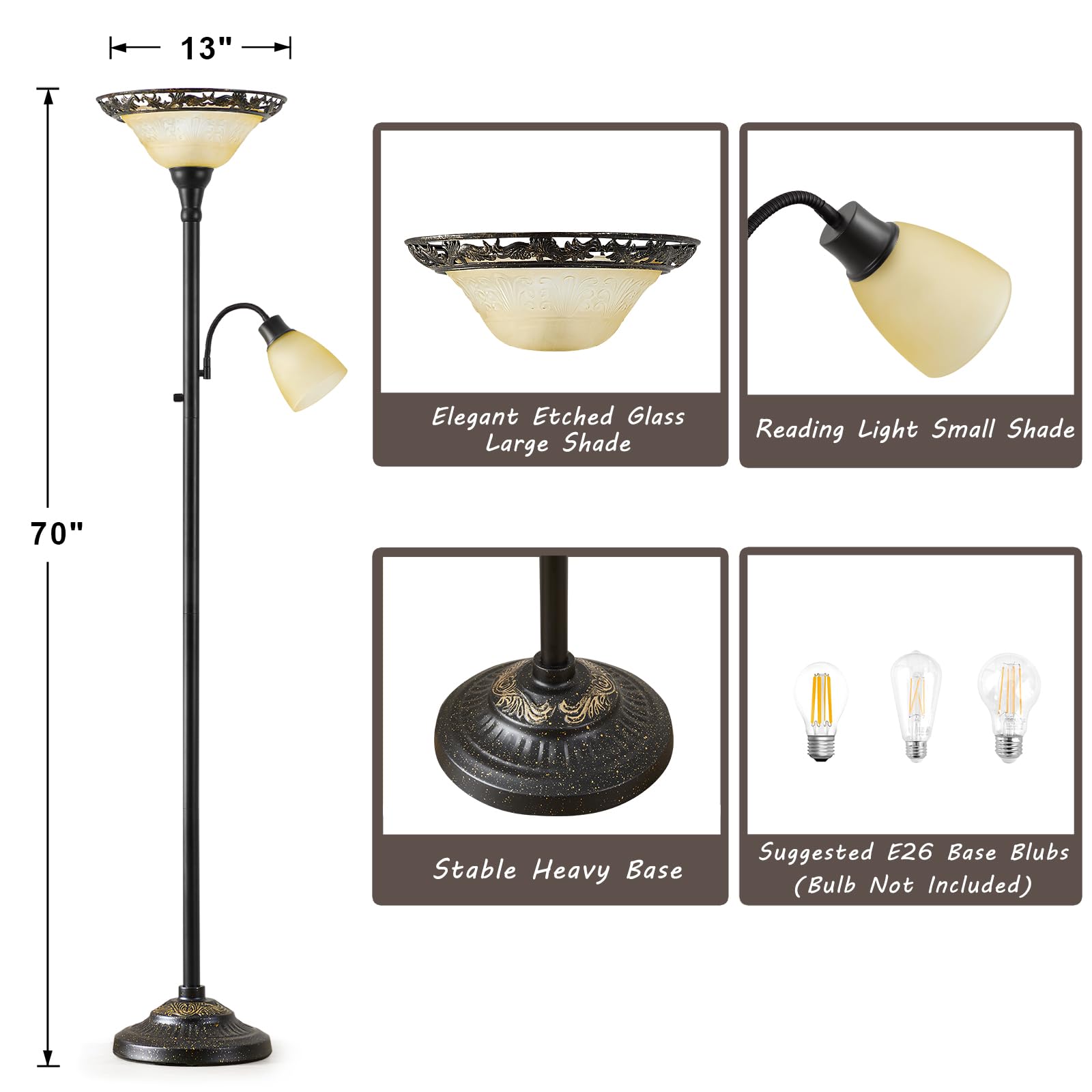 Luvkczc Torchiere Floor Lamp, 70in Vintage Metal Stand, Etched Glass Shade, Black & Yellow, Model 31001