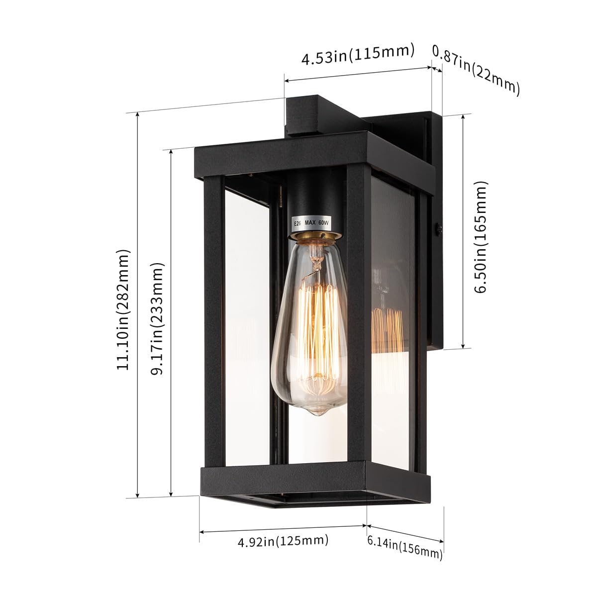 Mirrea 11&quot; Matte Black Outdoor Wall Sconce, Waterproof Rectangular Metal Frame, Pack Of 2