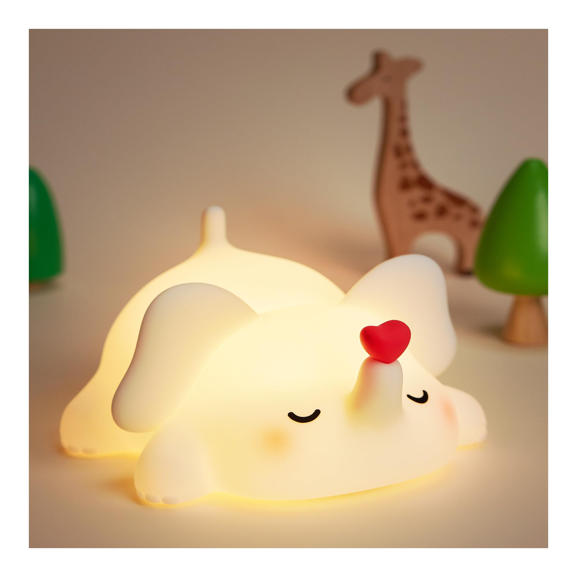 Icotoibabie LED Night Light - Cute Love Elephant, Dimmable, Rechargeable, Small, Silicone, Warm Brightness, Model A033, White Color