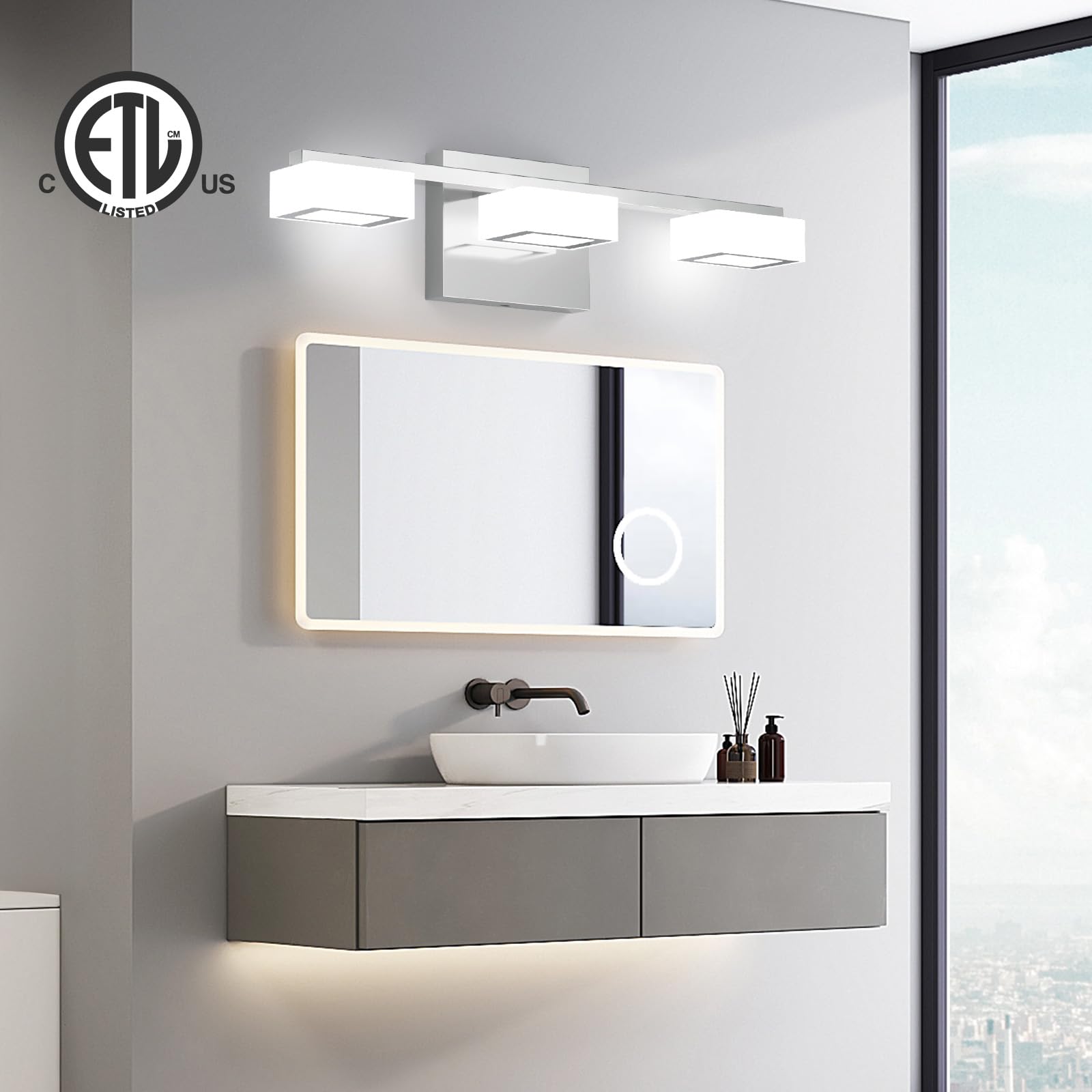 Myth Realm Led Modern Bathroom Light Fixtures Over Mirror, 3-Light Dimmable Vanity Lights, Chrome Acrylic Bathroom Vanity Light, 2700K-6500K Adjustable, Etl Certificated