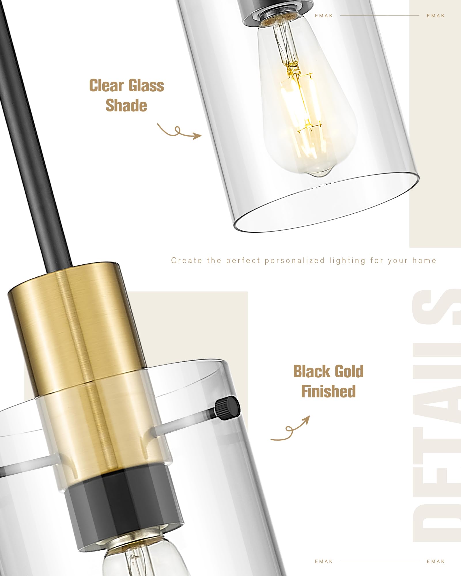 Emak 2 Pack Black And Gold Pendant Light,Modern 5 Inch Pendant Lights Kitchen Island With Clear Glass Shade, Farmhouse Kitchen I