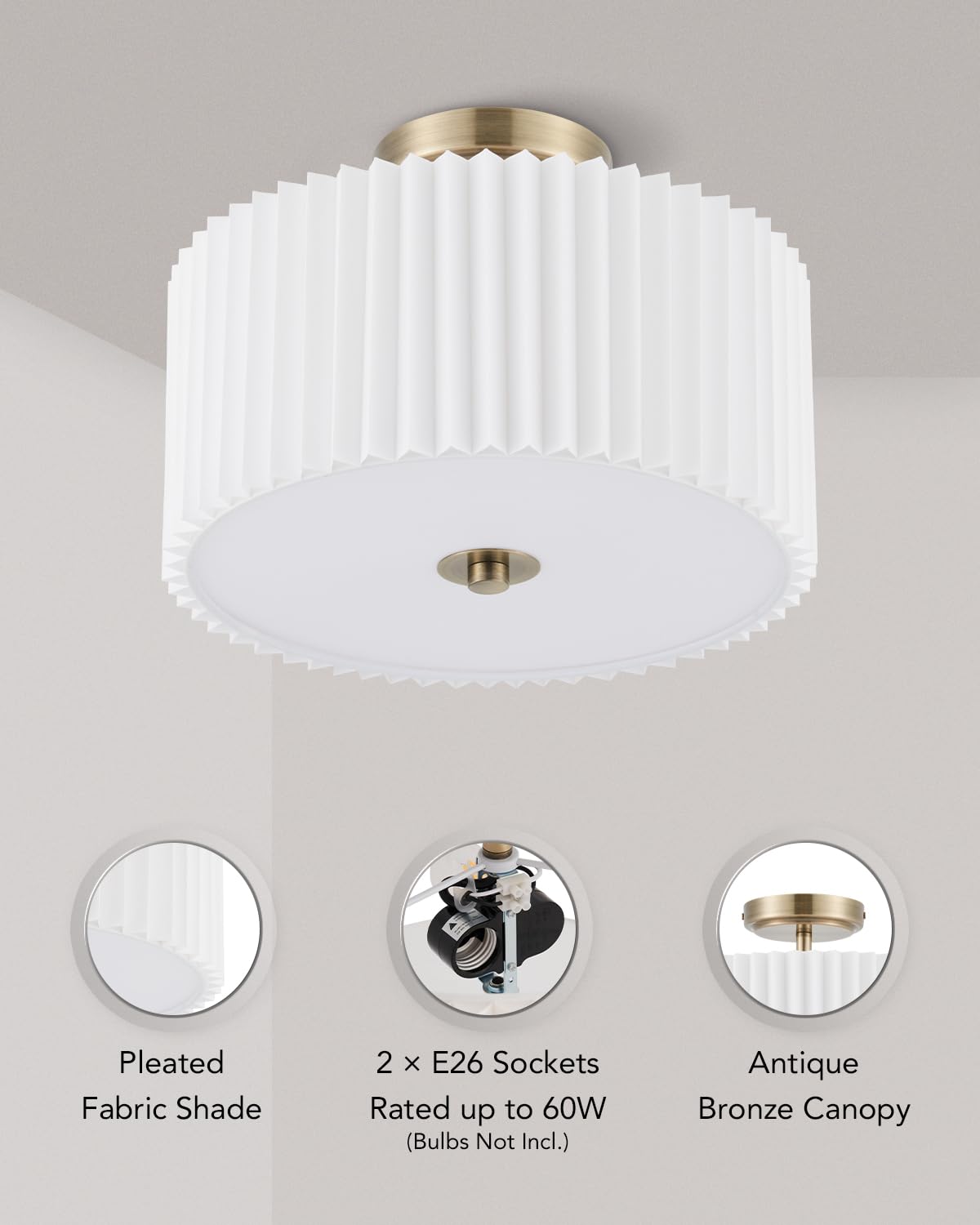 Vonluce 13&quot; Semi Flush Mount Ceiling Light, 2-Light Drum Fixture, White Shade & Bronze Finish