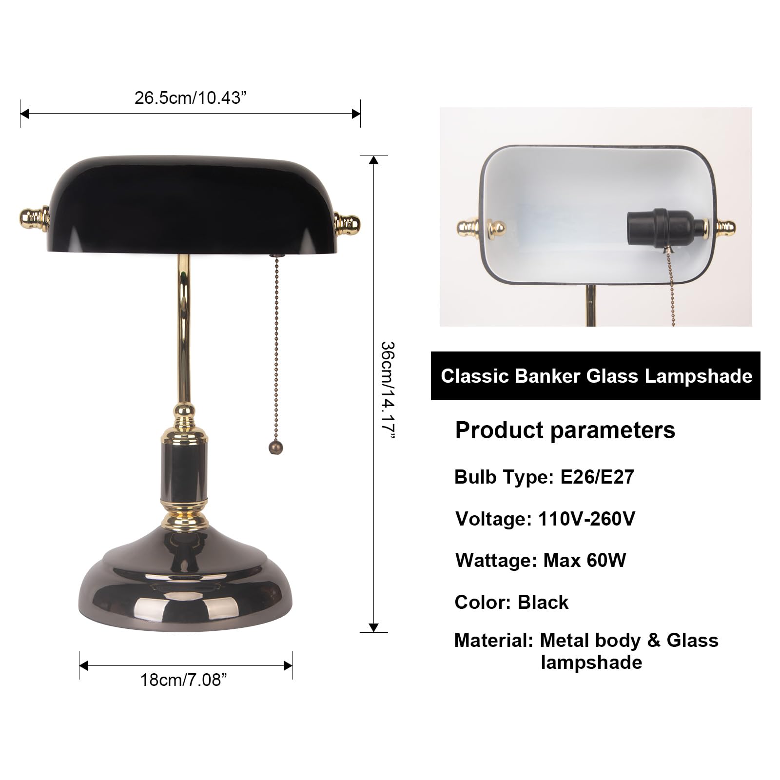 FIRVRE Bankers Desk Lamp, Black Glass Shade, Golden E26 Base, Model 006, Traditional Style for Office, Study Room