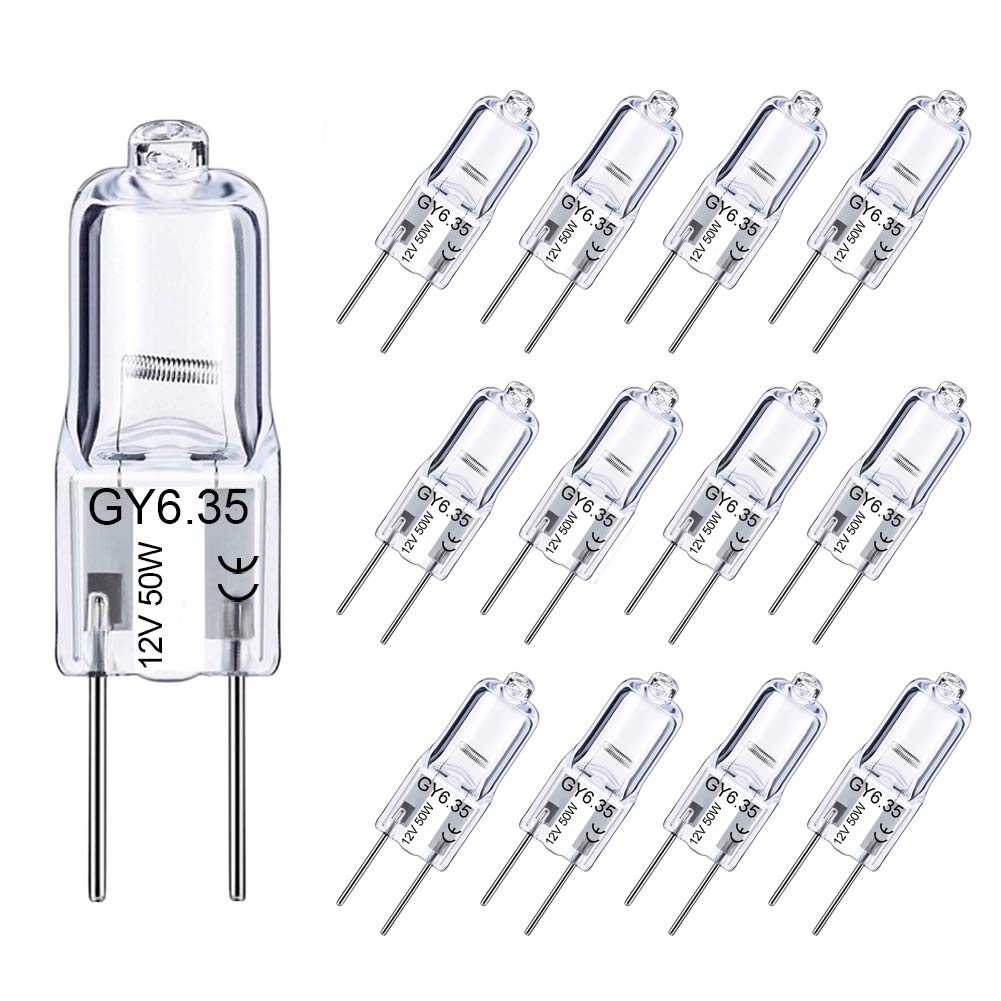 Lacnooe GY6.35 Bulb 50W, 12 Pack Dimmable GY6.35 Light Bulb Q50/CL/GY6/12V/T3/T4 JC Type GY6.35/G6.35 Bi-pin Base AC/DC 12V Warm