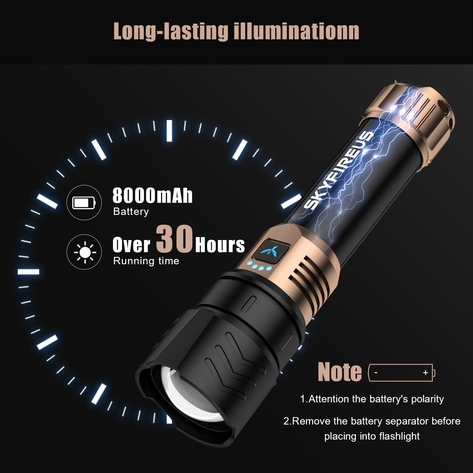 SKYFIRE Rechargeable Flashlight, 8000mAh, High Lumens, Zoomable, Waterproof LED, Model SF-1097-Type, Ideal for Camping and Emergencies
