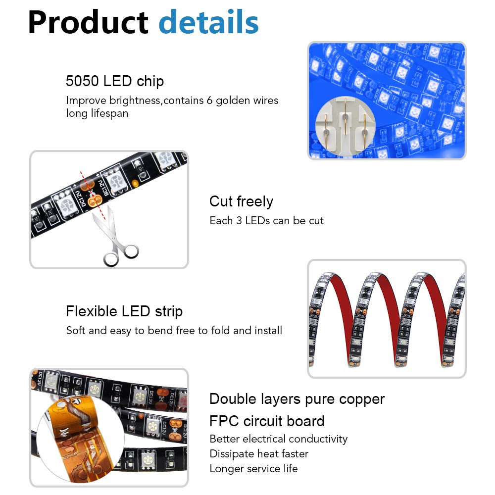 ALITOVE Blue LED Light Strip 32.8ft Waterproof 5050 SMD 600 LEDs 10M Black PCB DC 12V with Enhanced 3M Tape