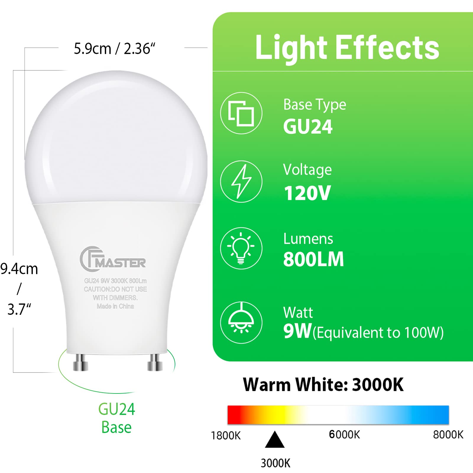 Cfmaster Gu24 Led Light Bulb, 3000K Warm White, 9W(100W Equivalent), 800 Lumens, A19 Shape Gu24 Led Bulbs, Twist And Lock Gu24 P