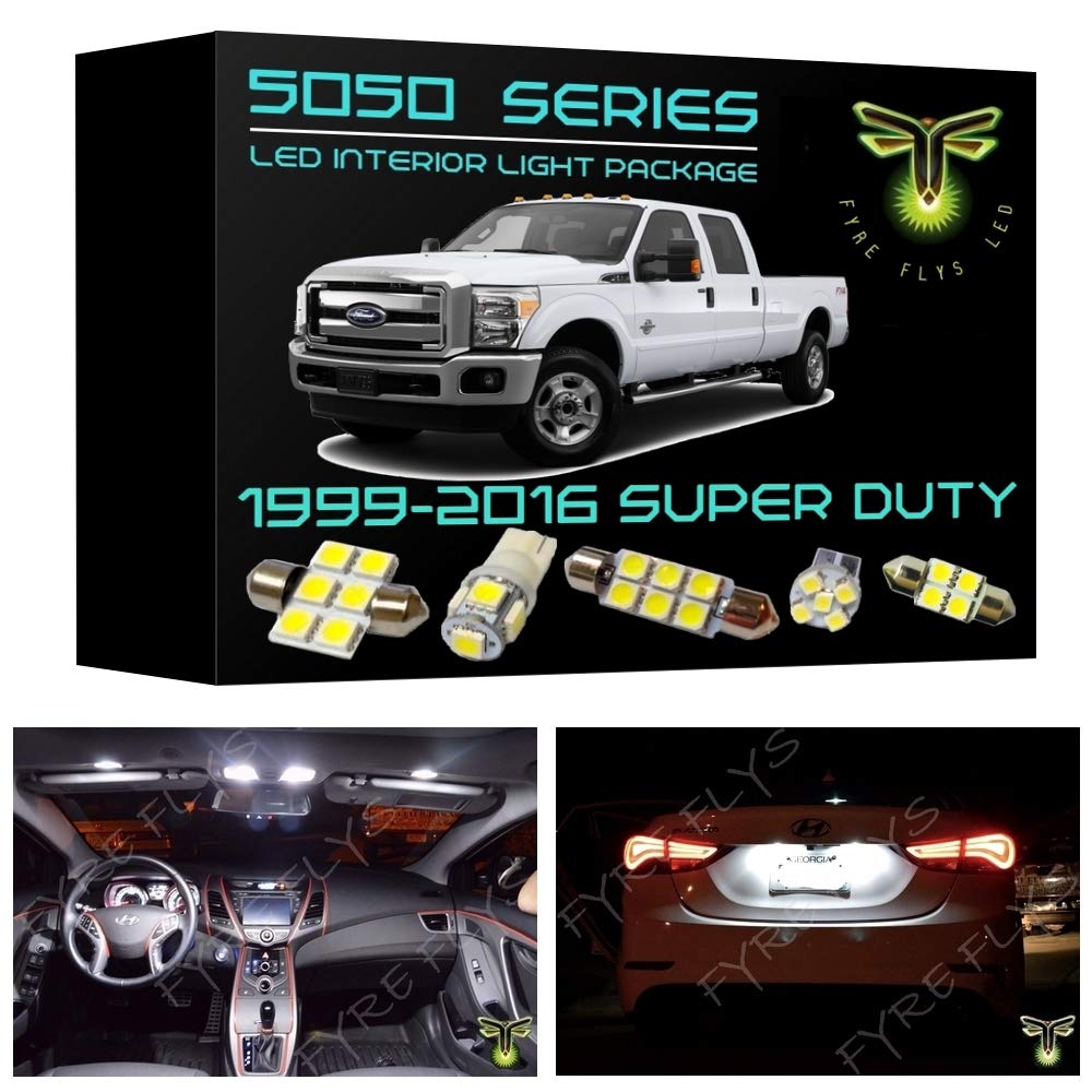 Fyre Flys 14 Piece White LED Interior Lights for 1999-2016 Ford F250 F350 Super Duty 6000K 5050 Series SMD Package Kit and Install Tool, Map Dome Door Cargo License Plate Replacement Lights