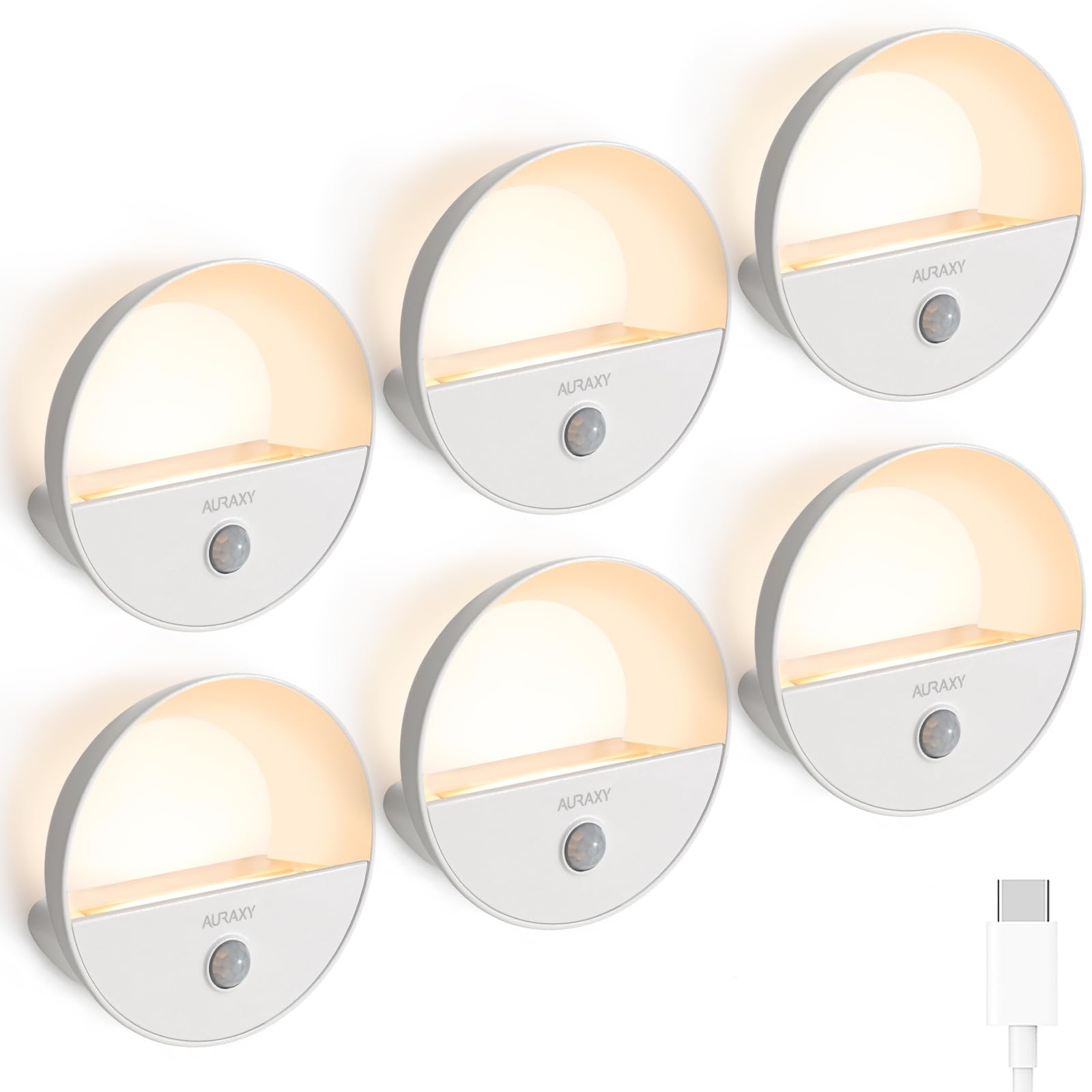 AURAXY Rechargeable Motion Sensor Night Light, LED Warm White, Magnetic, Dusk to Dawn, 6 Pack, Model 752574779065
