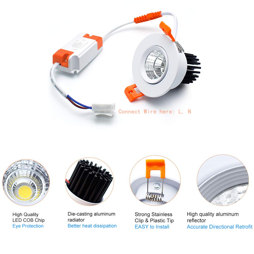Inshareplus 2 Inch Led Downlight, 3W Recessed Lighting Cob Dimmable, 5000K Daylight White, Cri80, Led Ceiling Lights With Led Driver, 6 Pack