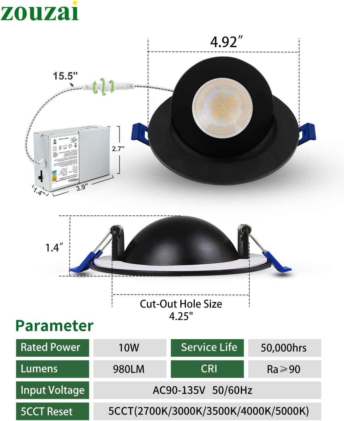 Zouzai 4 Inch 5Cct Gimbal Black Led Recessed Lights  360+90 Adjustable Directional Recessed Lighting  2700K-5000K Dimmable Retrofit Eyeball Can Lights With Jbox  Etl&Energy Star(Black 1 Pack)