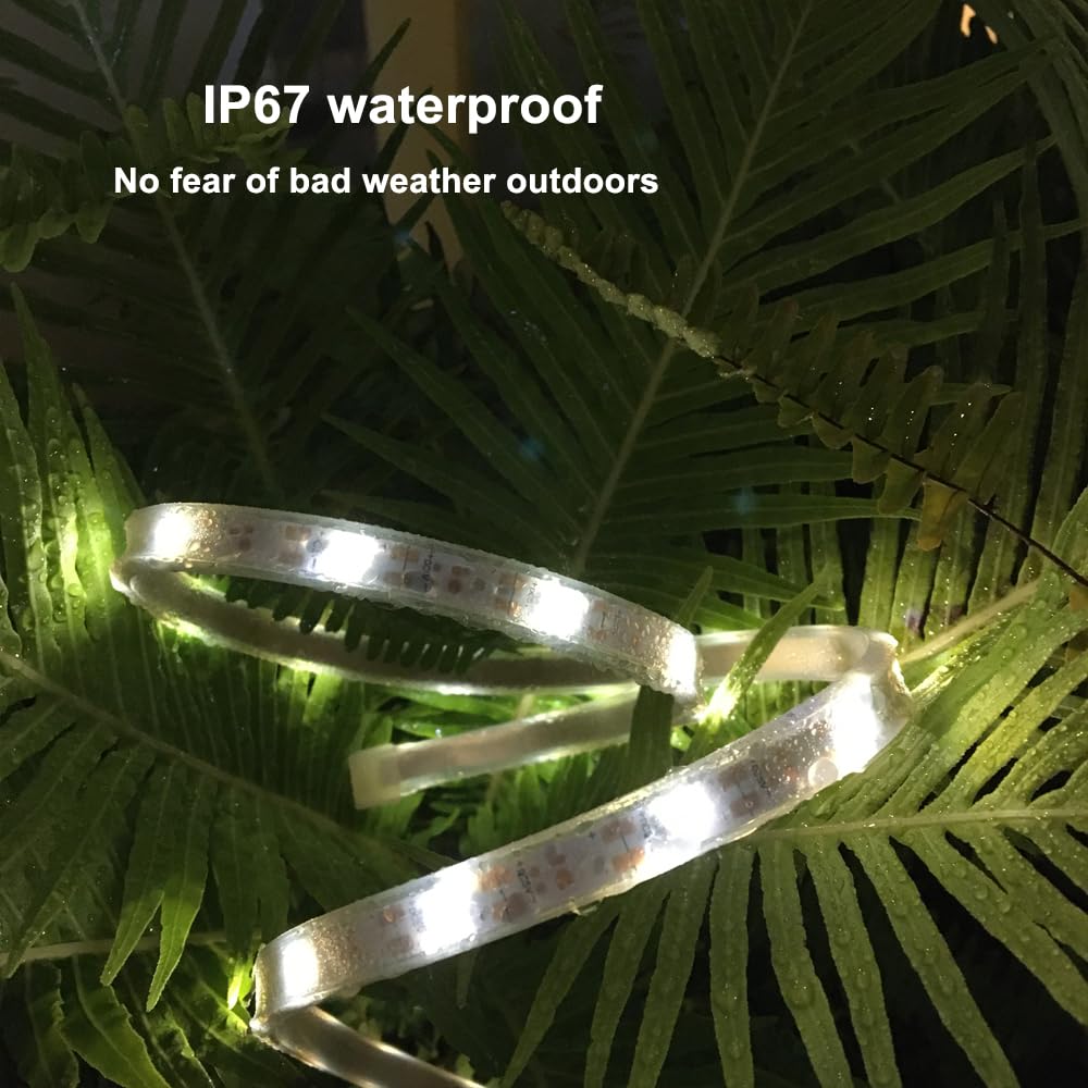 BMTJOVO Solar LED Strip Lights, 9.8ft White Waterproof Outdoor Lights with Remote, Timer, 8 Modes, Model BMT03-W