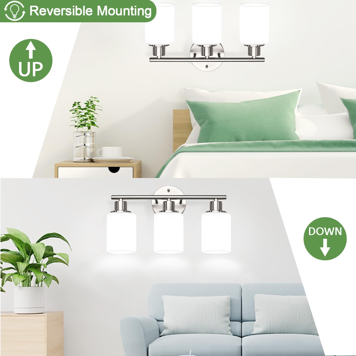 Zarbitta 3-Light Bathroom Light Fixtures, Brushed Nickel Vanity Light, Farmhouse Wall Lights With Milky White Frosted Glass Shad