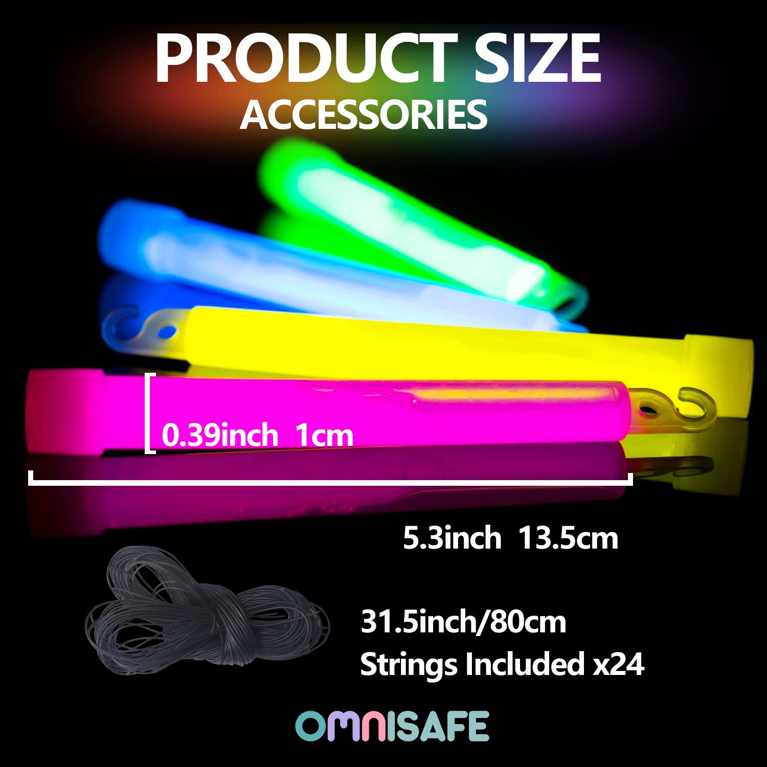 Omnisafe 24 Ultra Bright Large Glow Sticks With 24 Black Pe String, Multi Use Colourful 6 Inch Glowsticks For Parties, Camping,