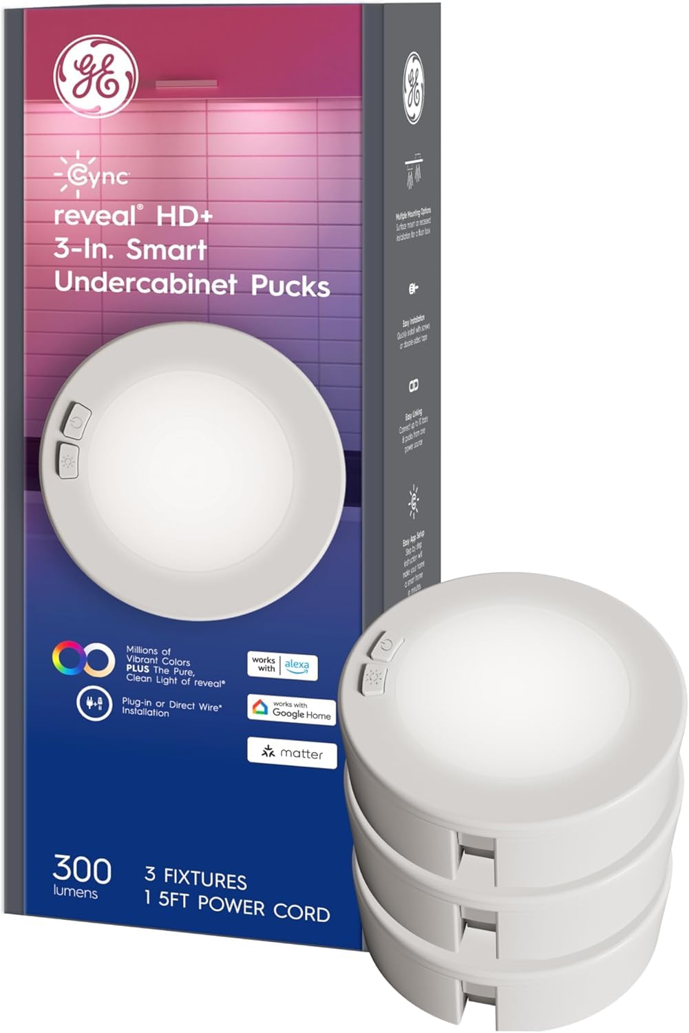 GE Cync Reveal HD+ Smart Undercabinet Puck Light Fixtures, Color Changing Undercab Puck Lights, Smart Wi-Fi Kitchen Lights, Work