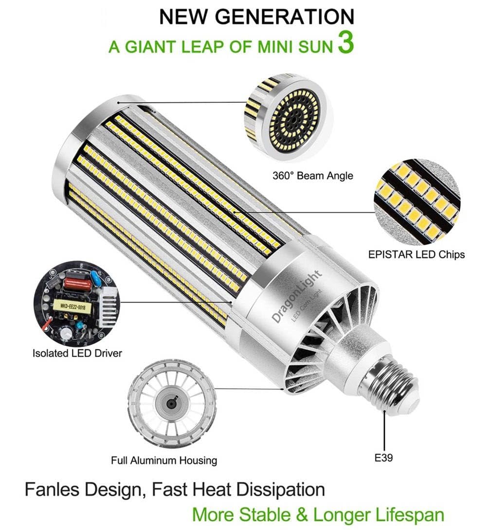 Dragonlight 240W Commercial Grade Corn Led Light Bulb Fanless(1000 Watt Mh/Hps Replacement) E39 Large Mogul Base Led Lamp 5000K