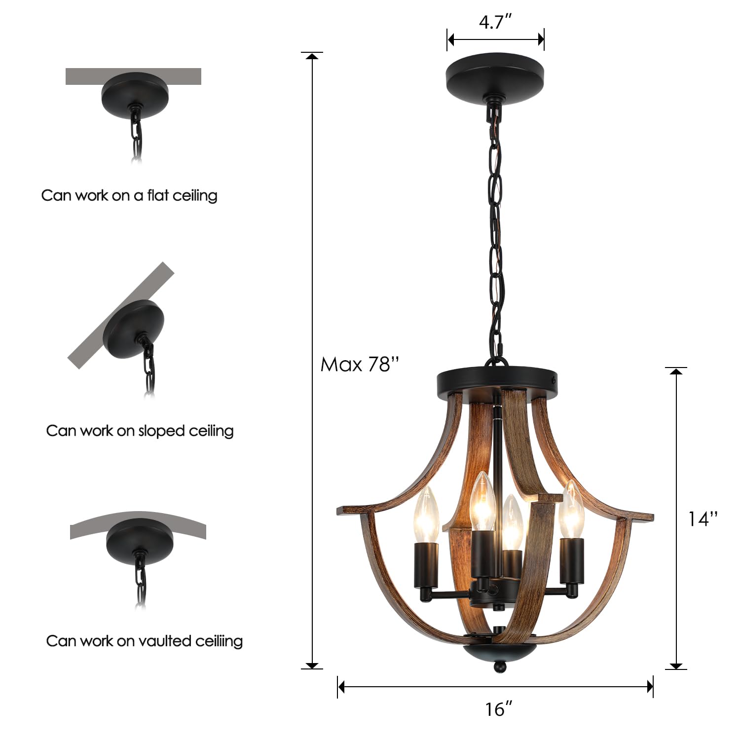 LAMPKEDUO 4-Light Rustic Pendant Lighting, Metal & Faux Wood Chandelier, Black, Model D9901-4 for Dining Room, Kitchen, Hallway