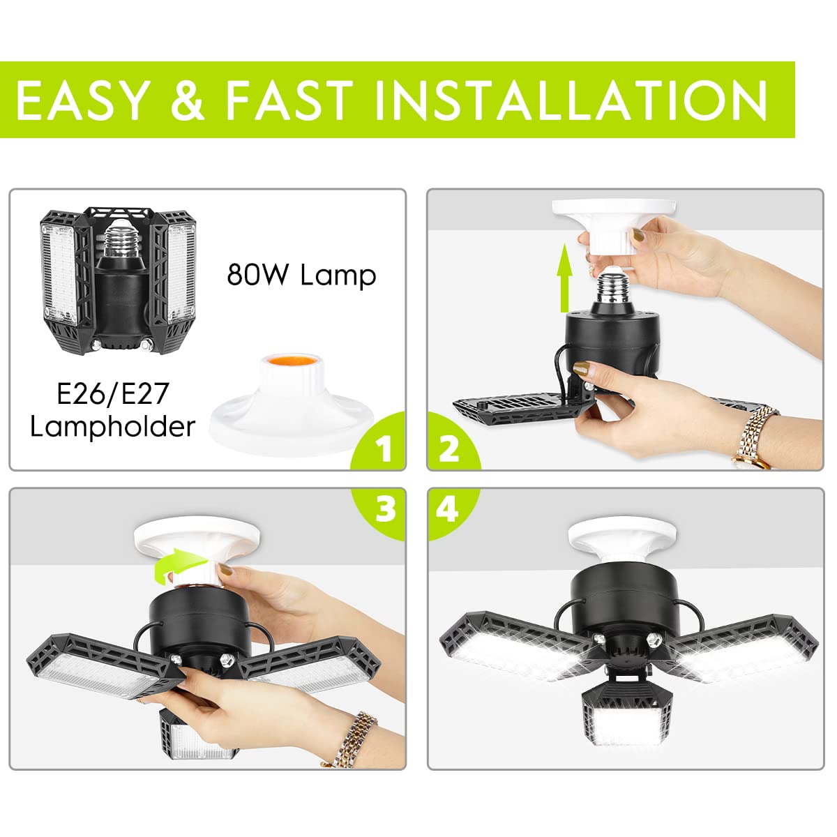 CHAREADA 4 Pack LED Garage Lights, 60W Deformable Ceiling Light, 8000 lm, 3 Adjustable Panels for Warehouse, Workshop, Barn, and Yard