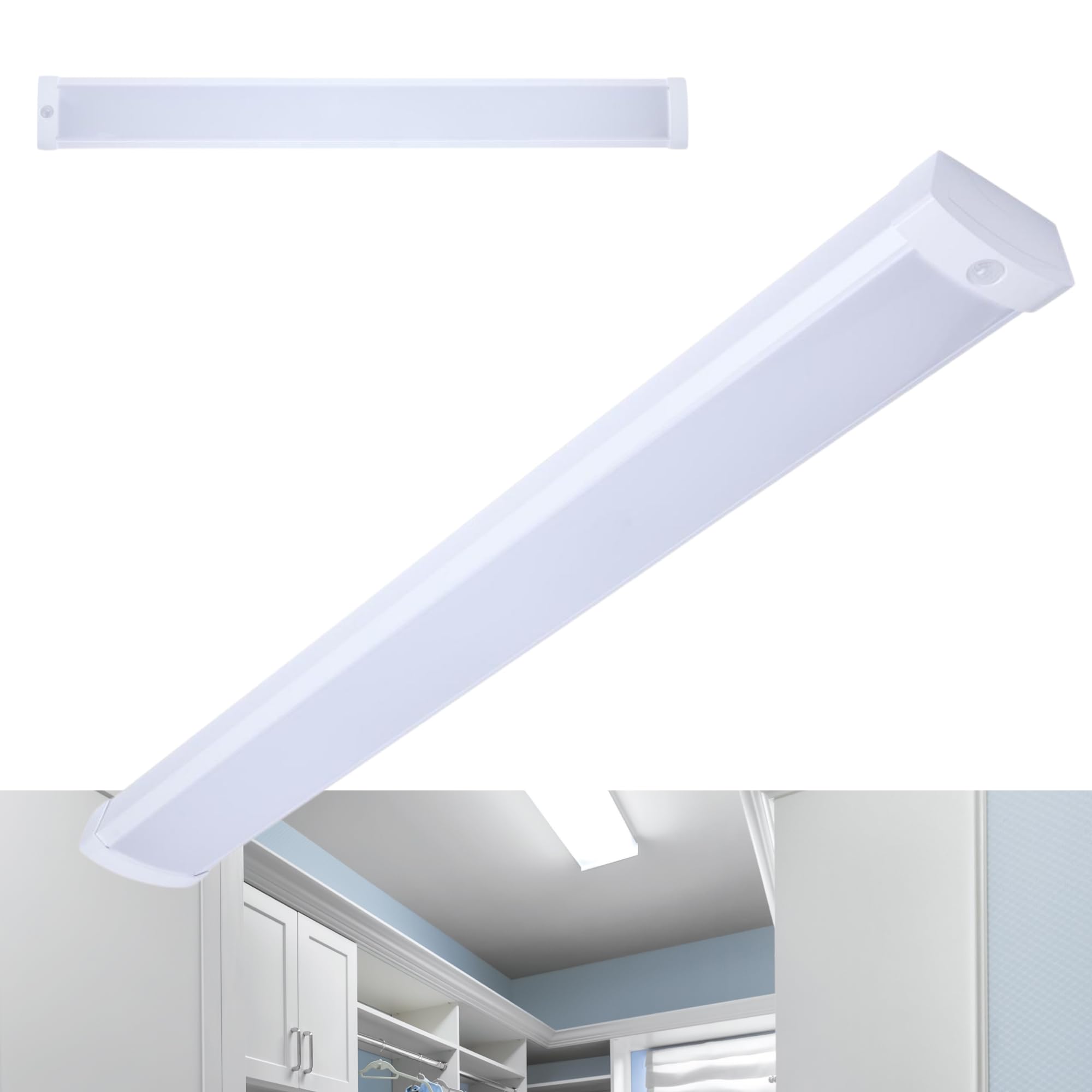 Satco 65-1215 4FT LED Ceiling Wrap Light with Motion Sensor  39W  CCT Selectable 2700K5000K  3400 Lumens  120-277V  White Steel Housing  Non-Dimmable  Damp Rated