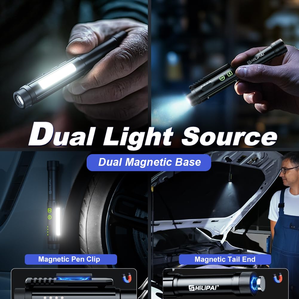 SHiLiPAi Mini COB Flashlight Pen Light - Grey, Dual Magnetic Base, Hands-Free, Model HF-YM-M45