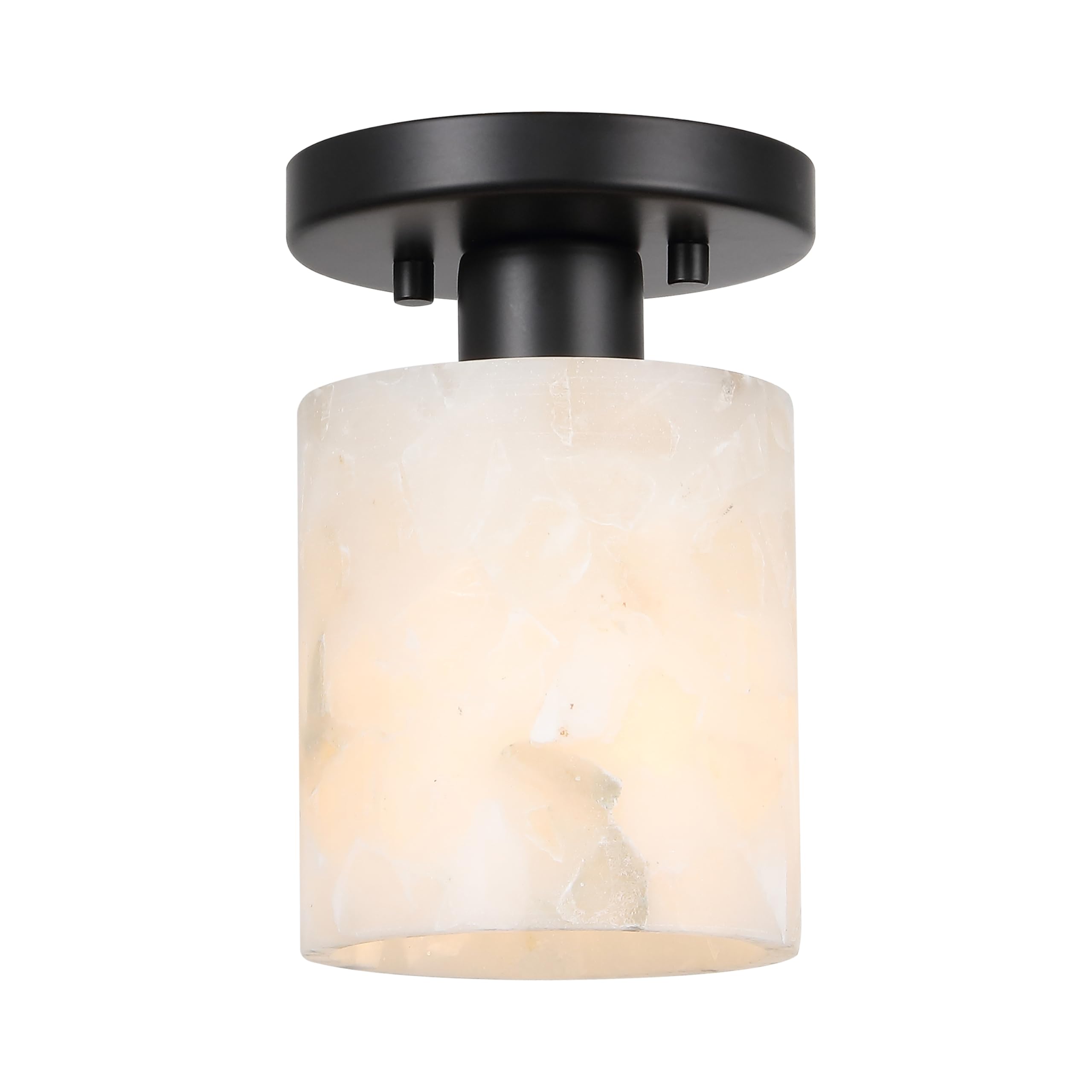 JONATHAN Y 5.13 White 1-Light Marbling/Black Modern LED Semi Flush Mount Ceiling Light, White Marbled Alabaster Cylinder Shade, 