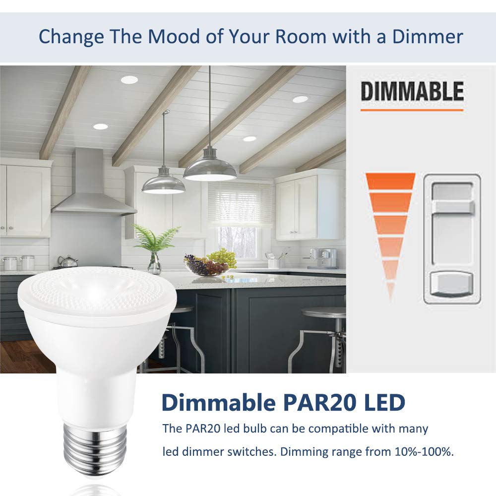 Tumupsm Par20 Led Bulb Daylight White 5000K Dimmable Flood Light 7W=60W Halogen E26 600Lm Track Recessed Lighting Bulbs 4 Pack
