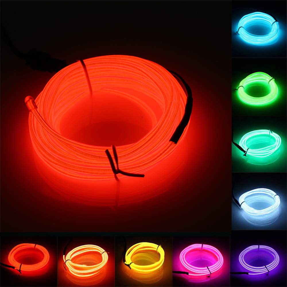 Jiguoor El Wire Battery Pack 16.4Ft / 5M Bright Neon Light Strip 360° Illumination Neon Tube Rope Lights For Diy, Festival, Party Decoration, Pub, Halloween, Chrismas (16.4Ft / 5M, Red)